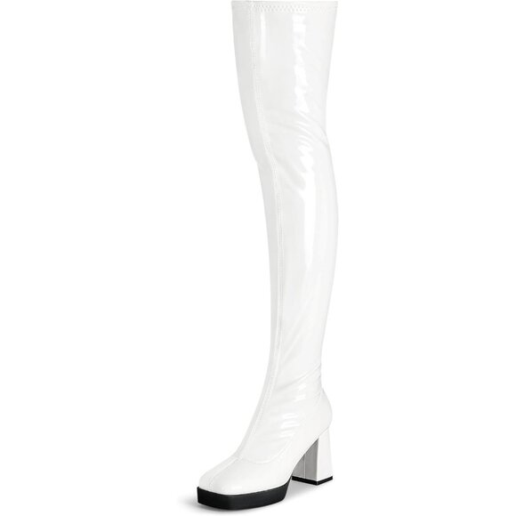 Women White Square Toe Chunky Heels Patent Leather PU Over The Knee High Boots - Picture 1 of 6